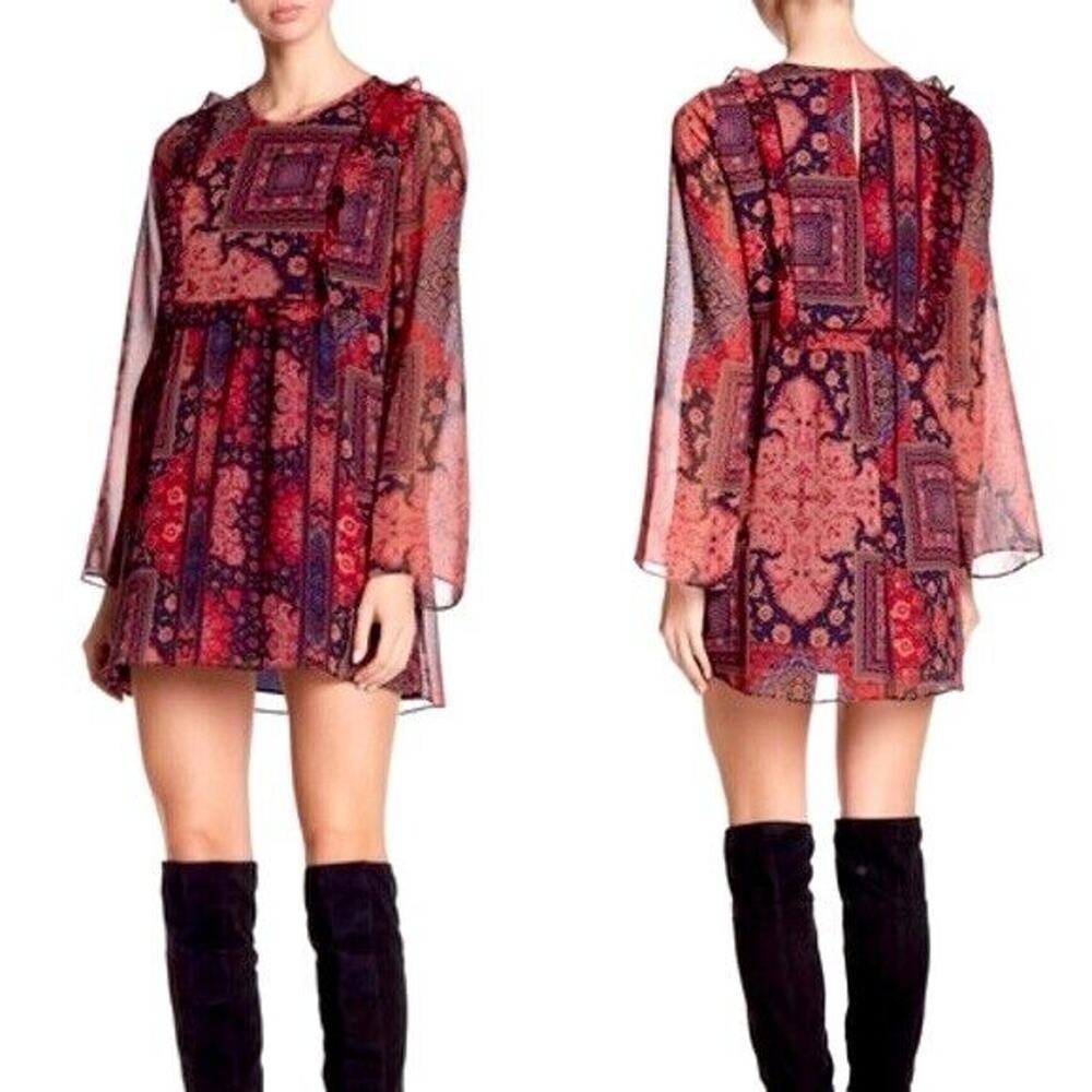 BCBGeneration Red Navy Boho Patchwork Ruffle Mini‎ Dress XXS Long Sleeve Chiffon